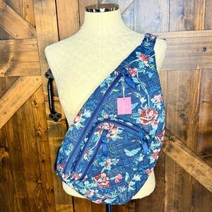 NWT Vera Bradley Sling Backpack Blue Cotton Rose Toile